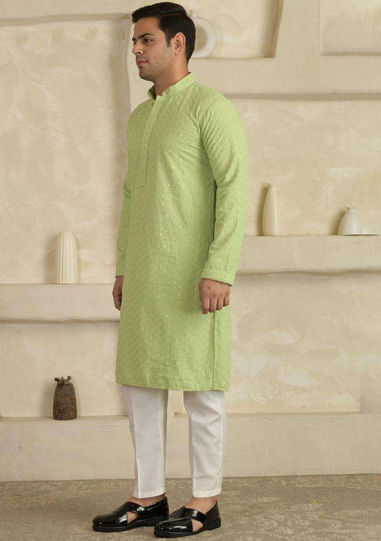 Green Woven Design Viscose Kurta Set For Men - Indya