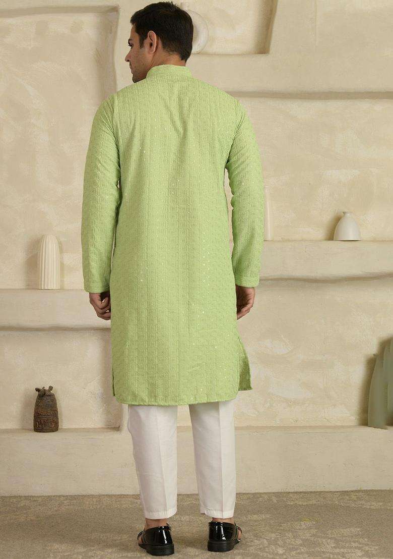 Green Woven Design Viscose Kurta Set For Men - Indya