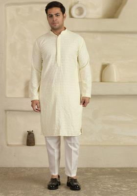 White Embroidered Viscose Kurta Set For Men