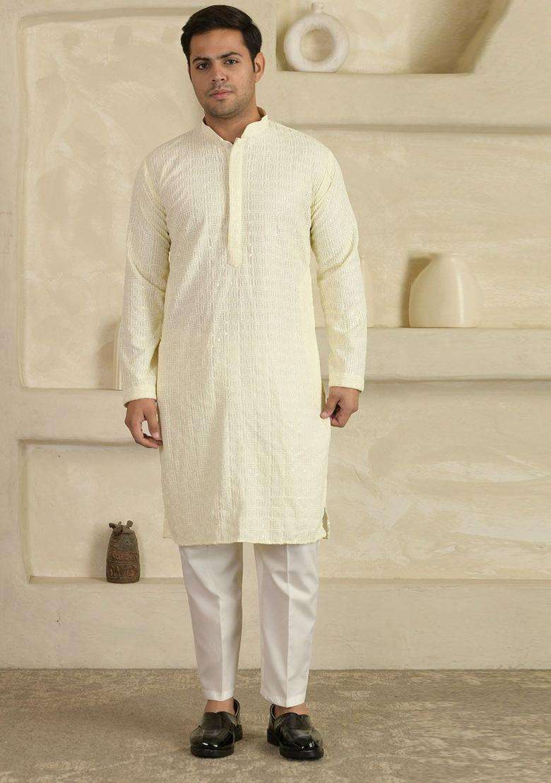 White Embroidered Viscose Kurta Set For Men - Indya