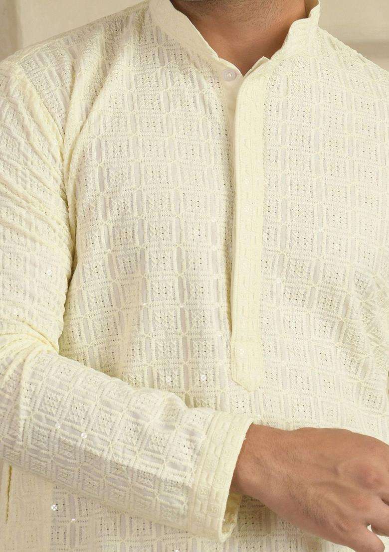 White Embroidered Viscose Kurta Set For Men - Indya