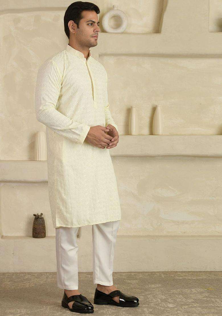 White Embroidered Viscose Kurta Set For Men - Indya