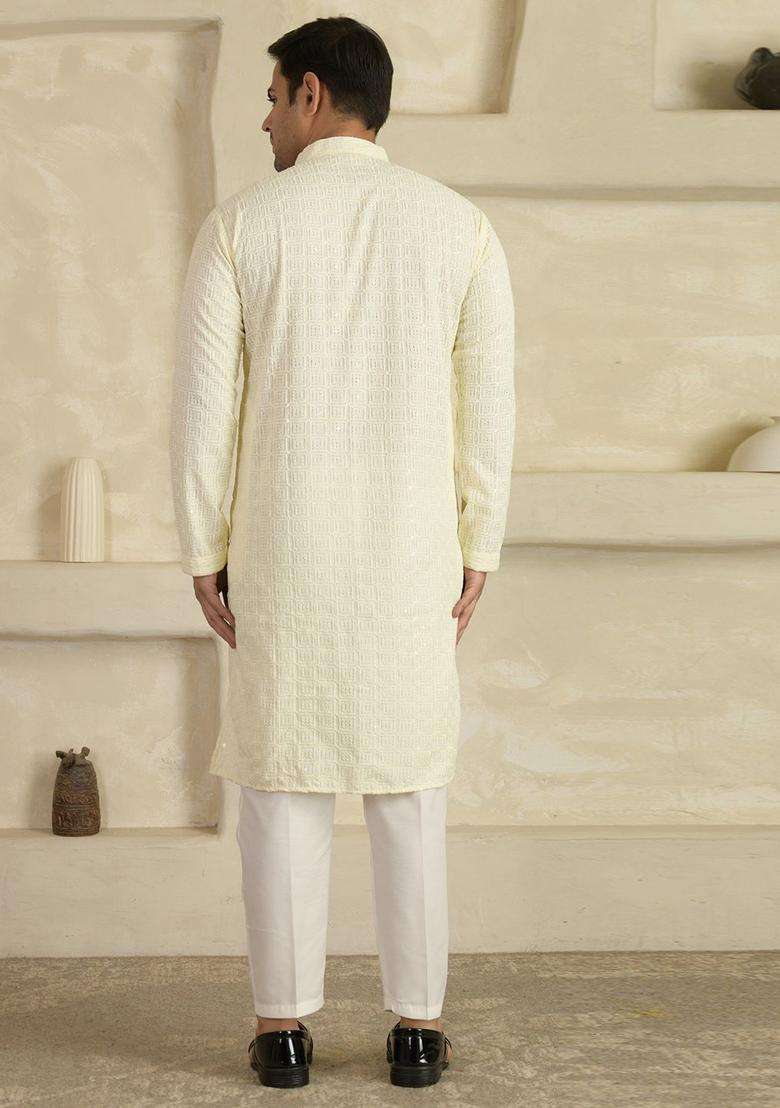 White Embroidered Viscose Kurta Set For Men - Indya