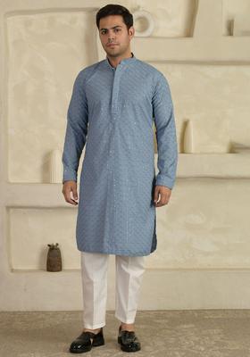 Blue Woven Design Viscose Kurta Set For Men