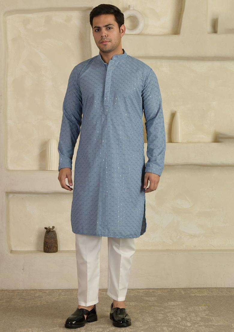 Blue Woven Design Viscose Kurta Set For Men - Indya