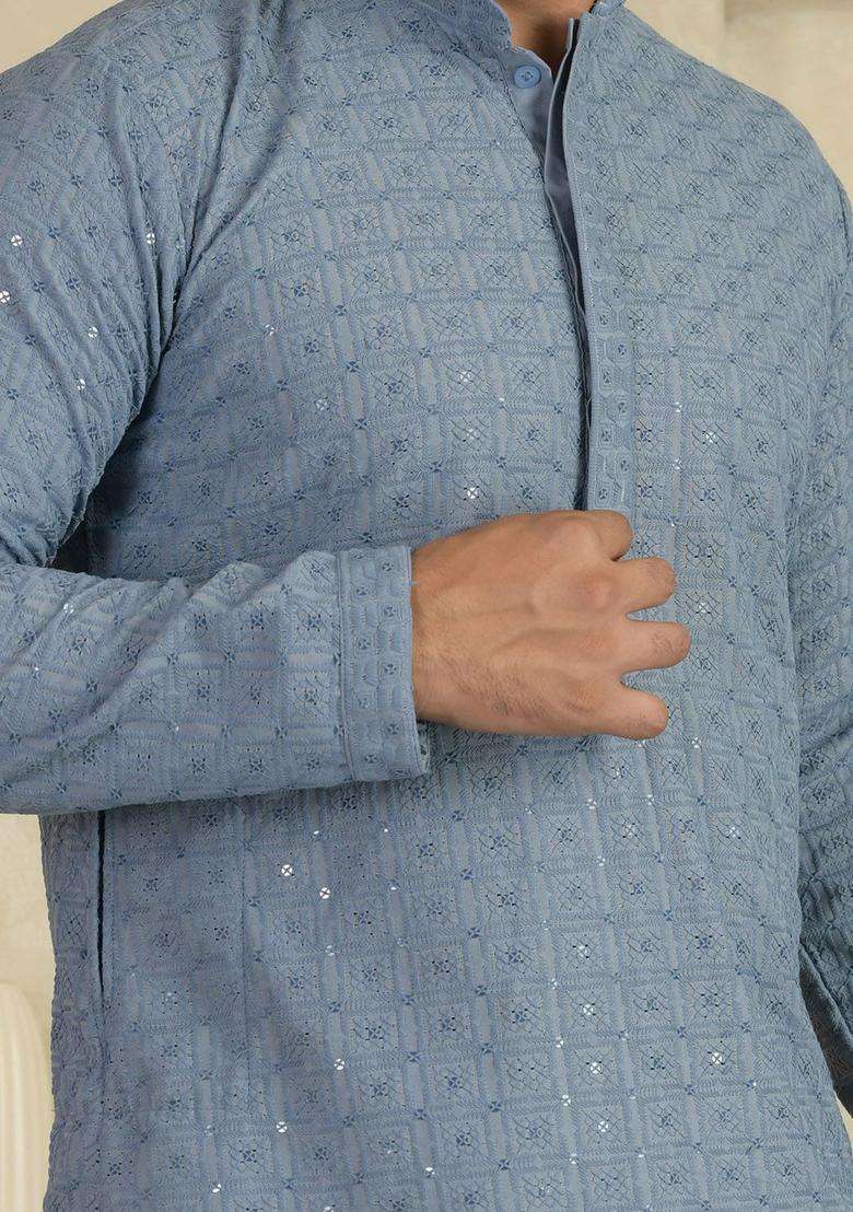Blue Woven Design Viscose Kurta Set For Men - Indya