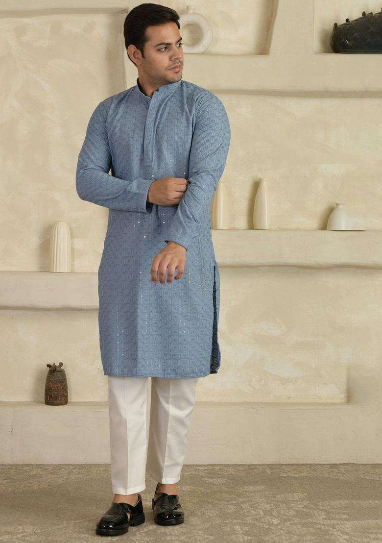 Blue Woven Design Viscose Kurta Set For Men - Indya