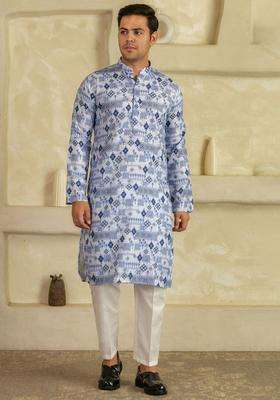 Blue Printed Viscose Kurta Set For Men