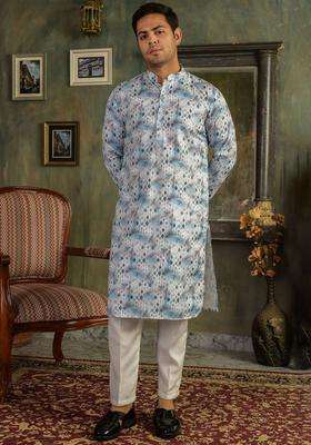 Blue Printed Viscose Kurta Set For Men