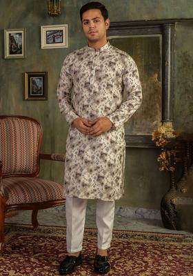 Brown Printed Viscose Kurta Set For Men