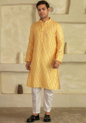 Yellow Printed Viscose Kurta Set For Men