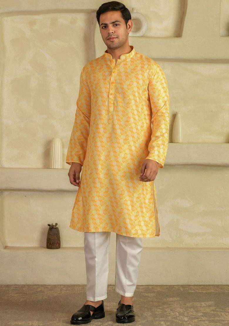 Yellow Printed Viscose Kurta Set For Men - Indya