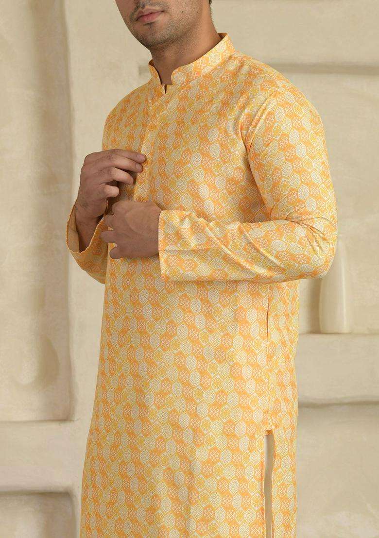 Yellow Printed Viscose Kurta Set For Men - Indya