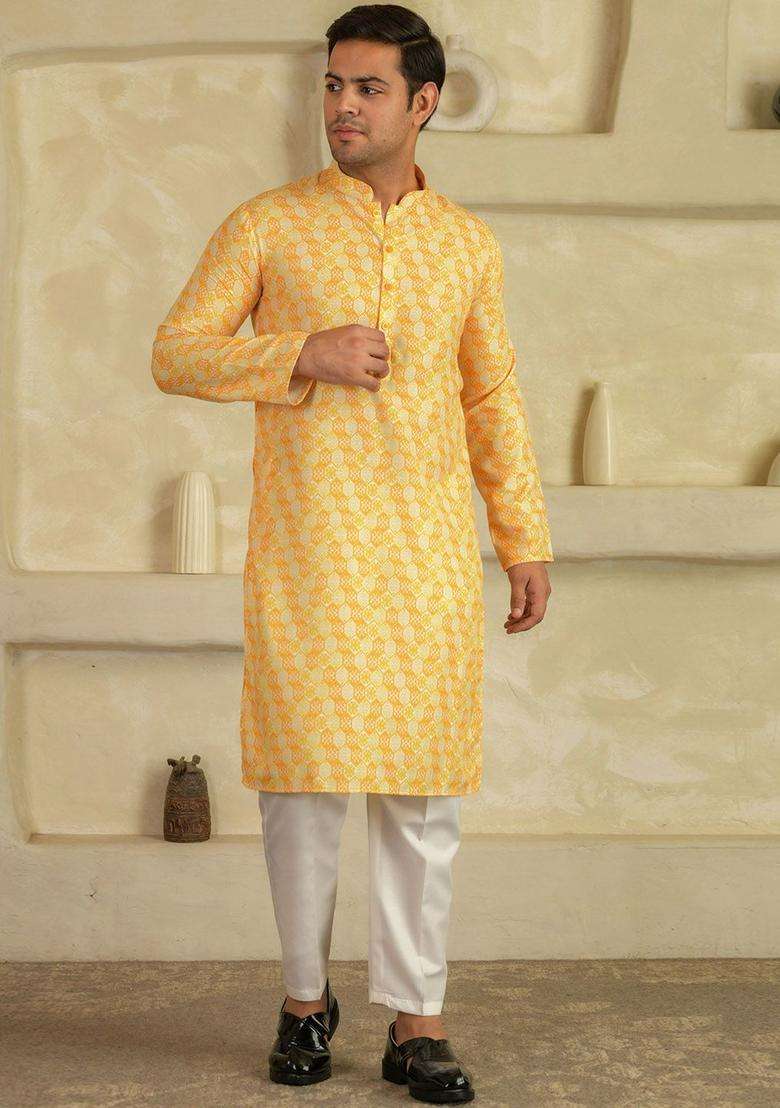 Yellow Printed Viscose Kurta Set For Men - Indya
