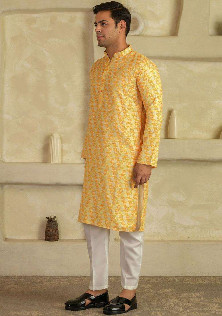 Yellow Printed Viscose Kurta Set For Men - Indya