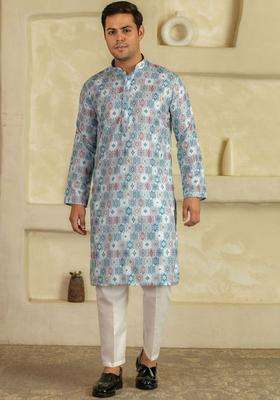 Blue Printed Viscose Kurta Set For Men