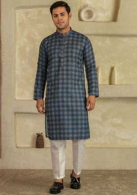 Navy Blue Printed Viscose Kurta Set For Men