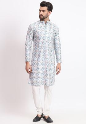 White Embroidered Cotton Kurta Set For Men