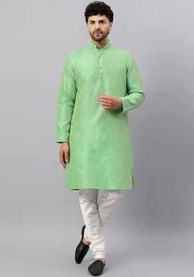 Green Self Design Silk Kurta Set For Men