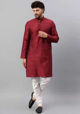 Maroon Self Design Silk Kurta Set For Men