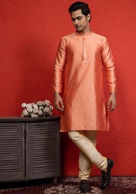 Peach Woven Design Silk Kurta Set For Men