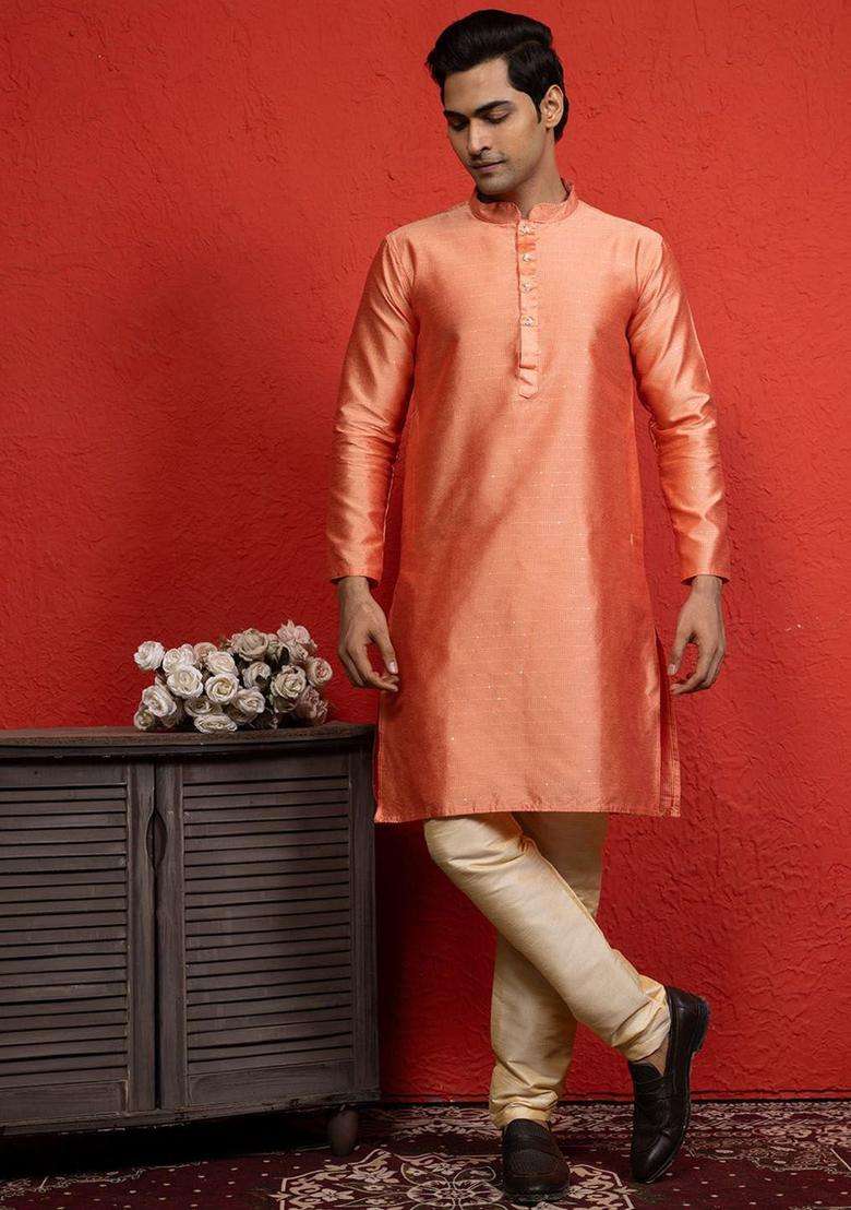 Peach Woven Design Silk Blend Kurta Set For Men - Indya