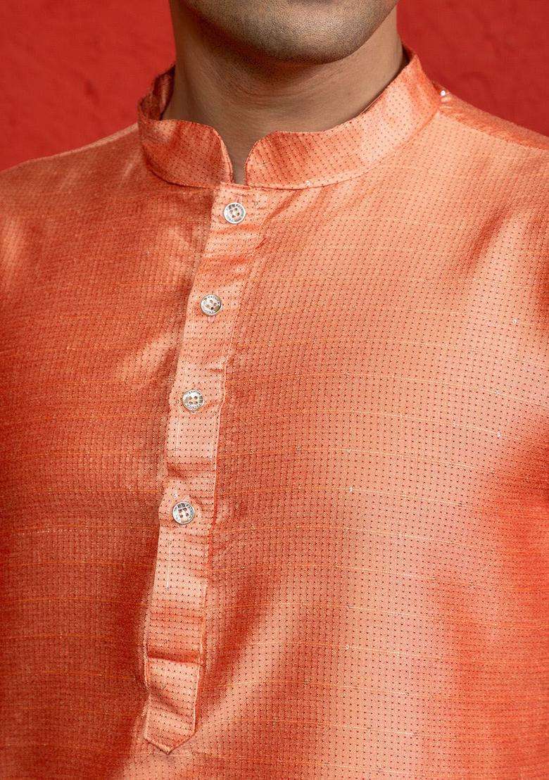 Peach Woven Design Silk Blend Kurta Set For Men - Indya