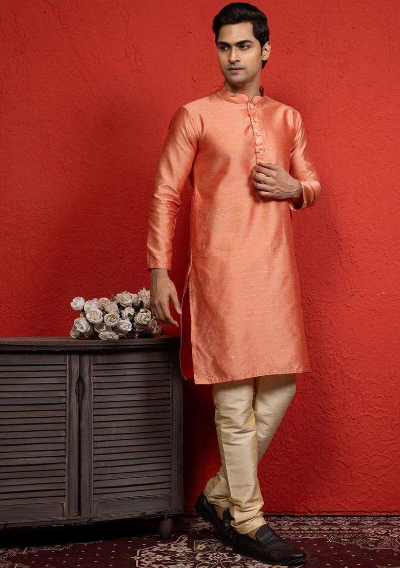 Peach Woven Design Silk Blend Kurta Set For Men - Indya