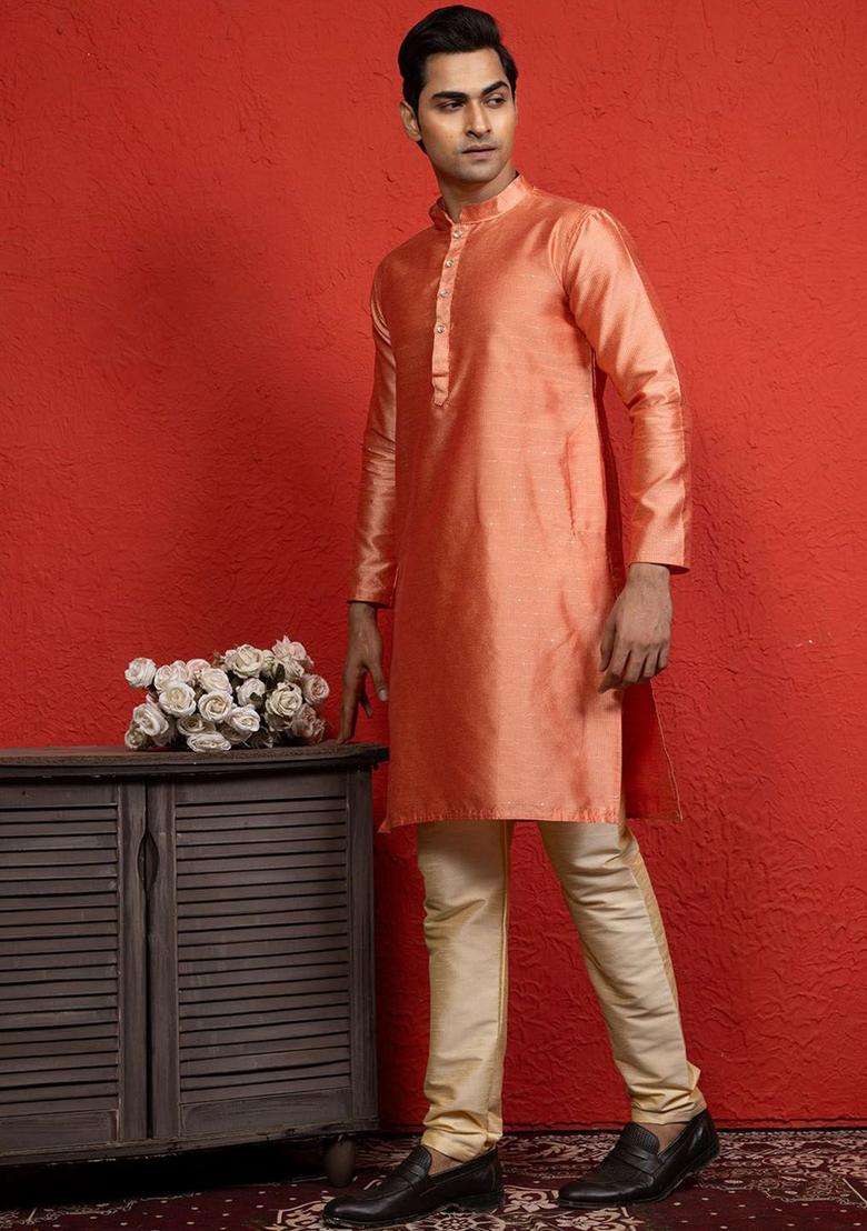 Peach Woven Design Silk Blend Kurta Set For Men - Indya