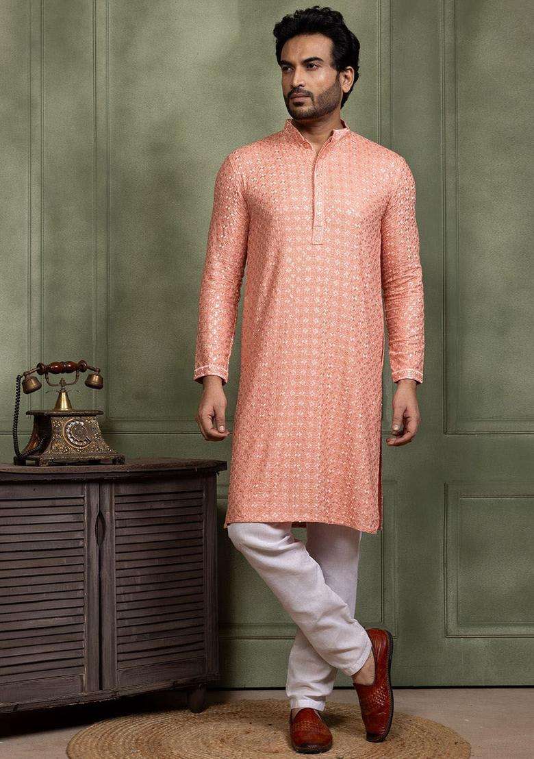 Peach Embroidered Silk Blend Kurta Set For Men - Indya