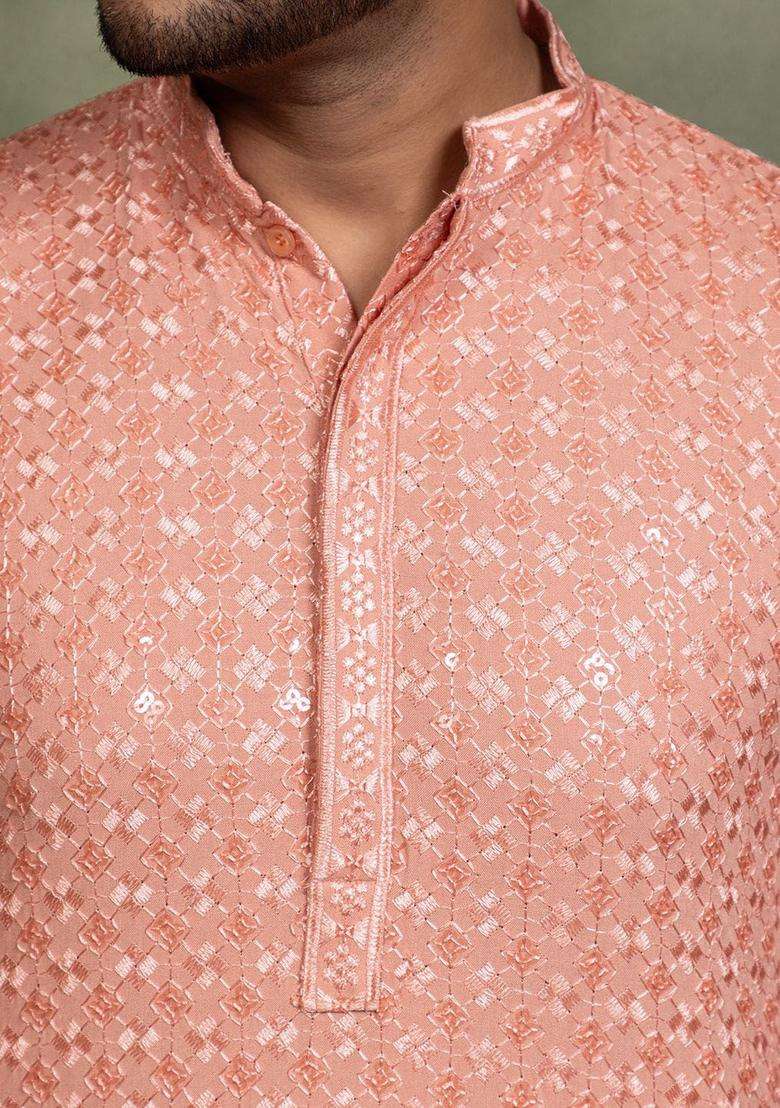 Peach Embroidered Silk Blend Kurta Set For Men - Indya