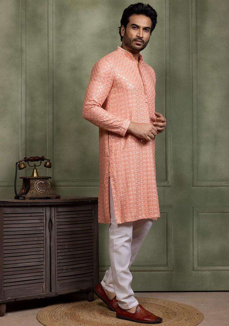 Peach Embroidered Silk Blend Kurta Set For Men - Indya