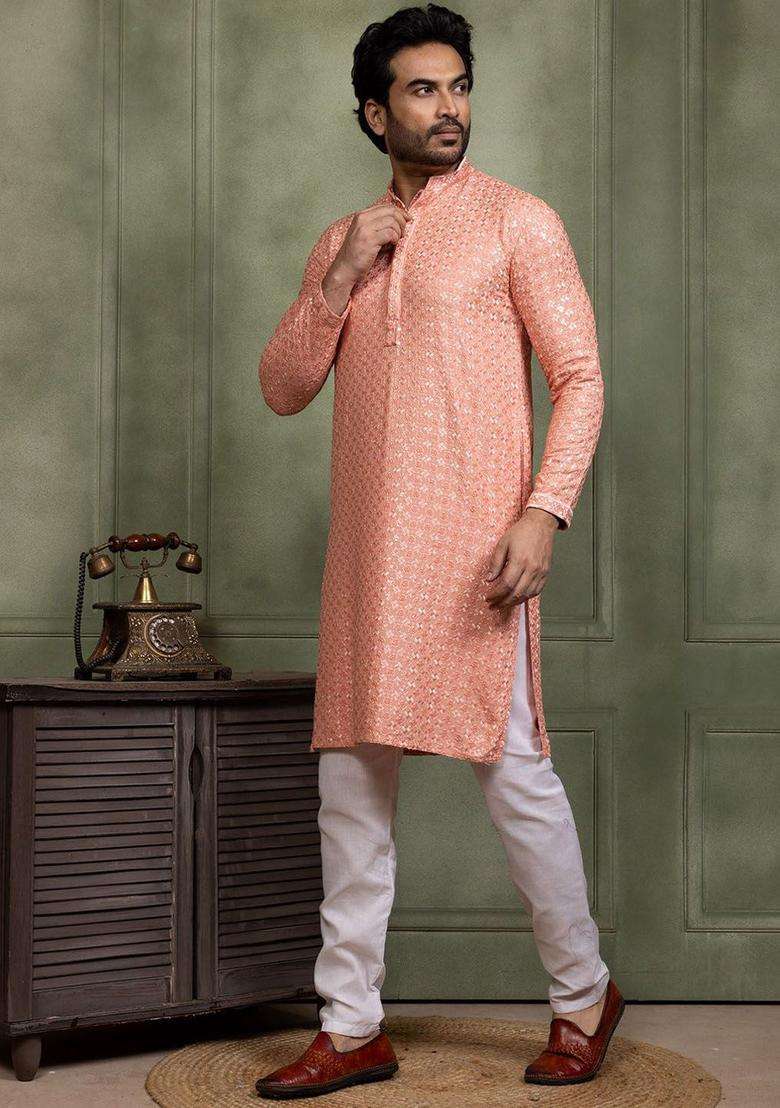 Peach Embroidered Silk Blend Kurta Set For Men - Indya