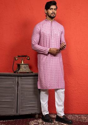 Pink Printed Silk Kurta Set For Men