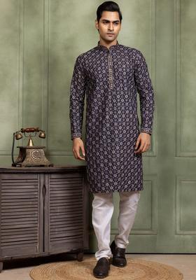 Navy Blue Embroidered Cotton Kurta Set For Men