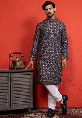 Navy Blue Printed Cotton Kurta Set For Men