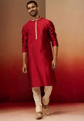 Maroon Self Design Silk Kurta Set For Men