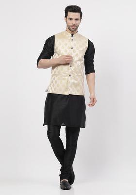 Black Woven Design Silk Kurta Set For Men