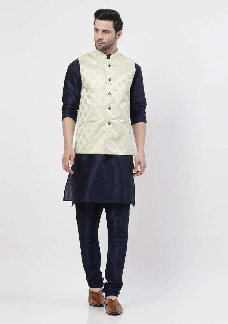 Navy Blue Woven Design Silk Blend Kurta Set For Men - Indya