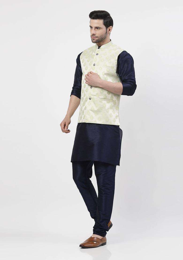 Navy Blue Woven Design Silk Blend Kurta Set For Men - Indya
