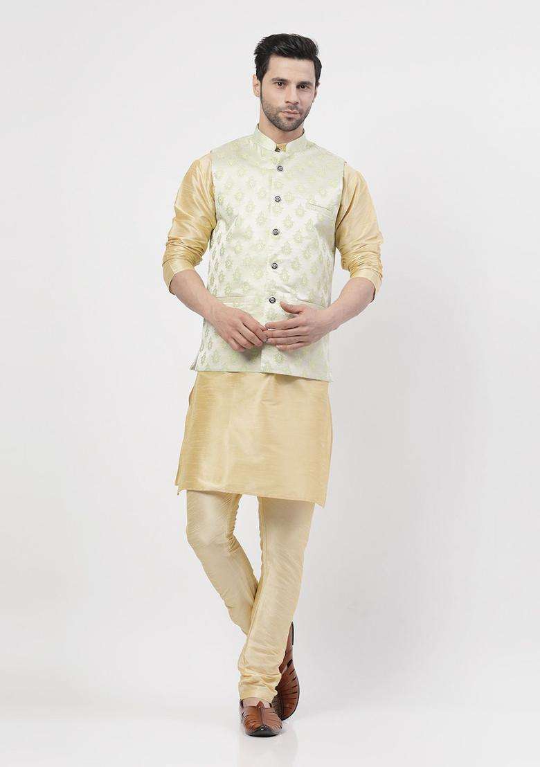 Gold Solid Silk Blend Kurta Set For Men - Indya