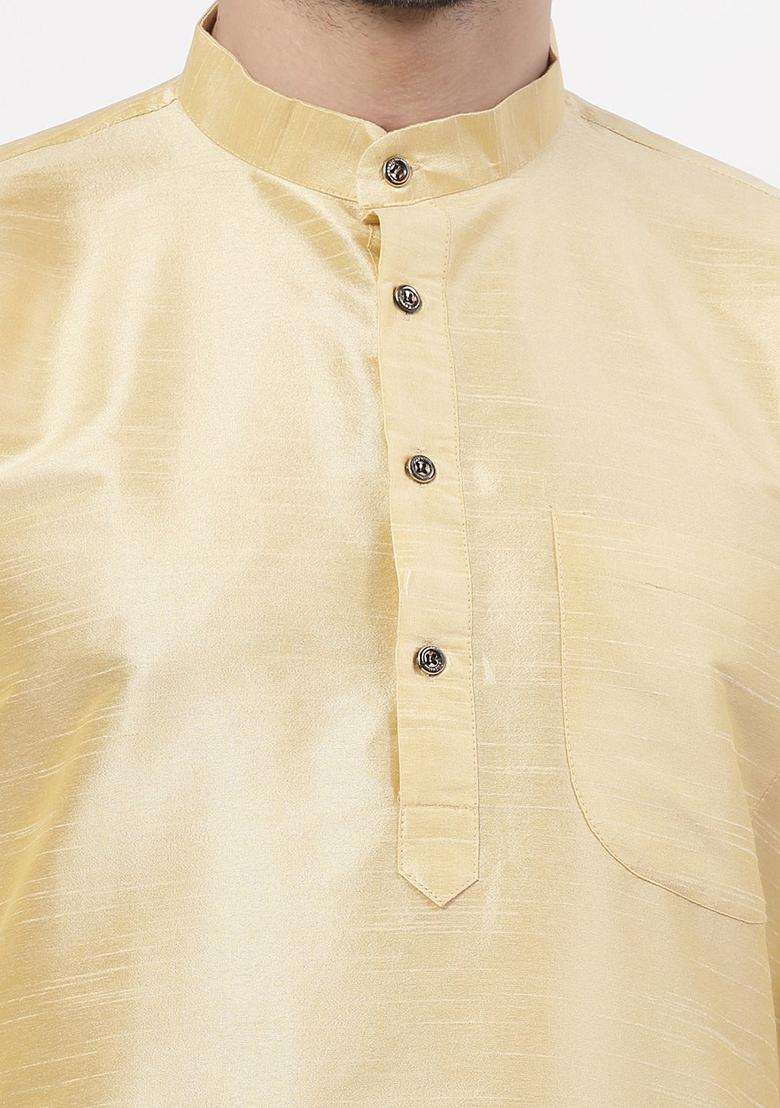 Gold Solid Silk Blend Kurta Set For Men - Indya