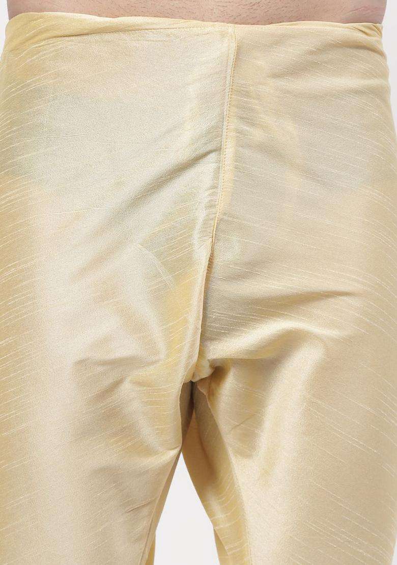 Gold Solid Silk Blend Kurta Set For Men - Indya