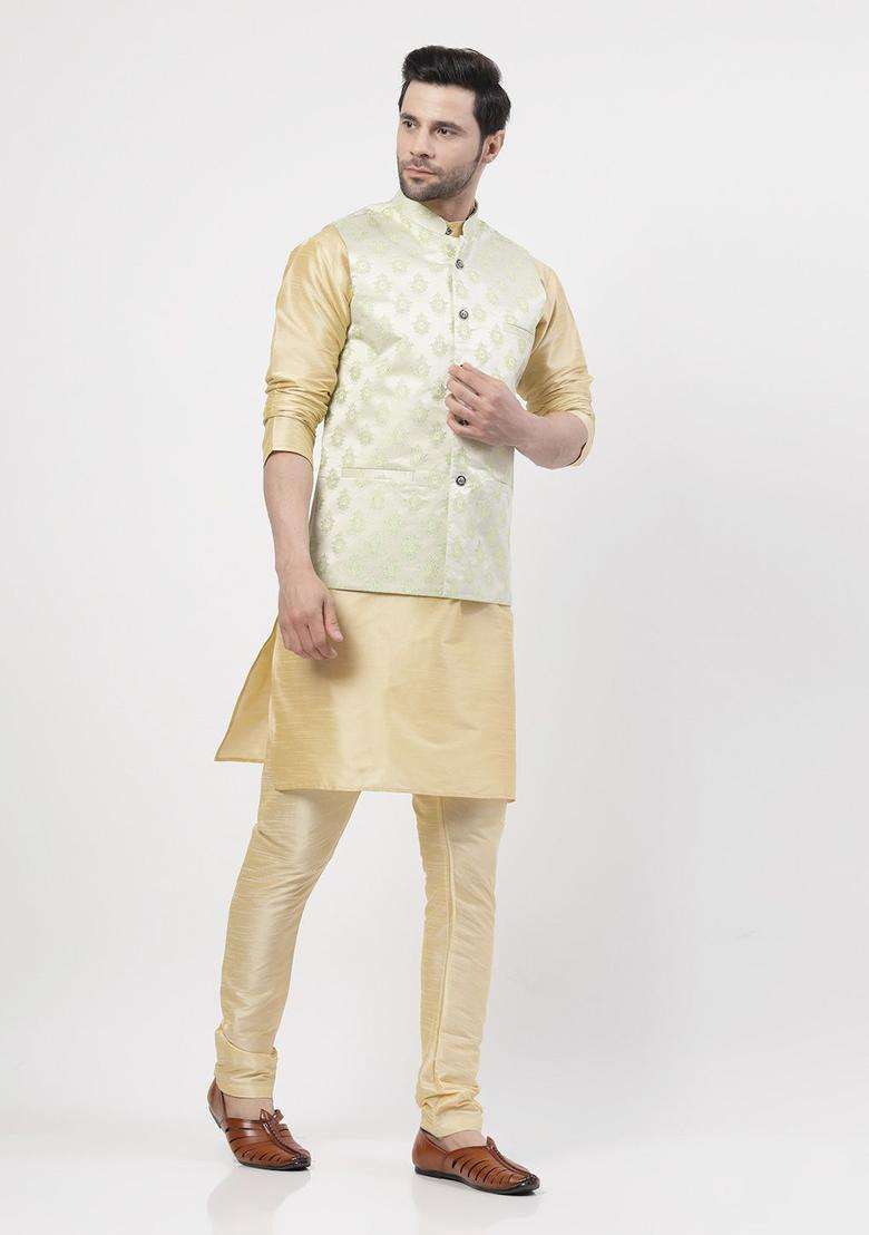 Gold Solid Silk Blend Kurta Set For Men - Indya