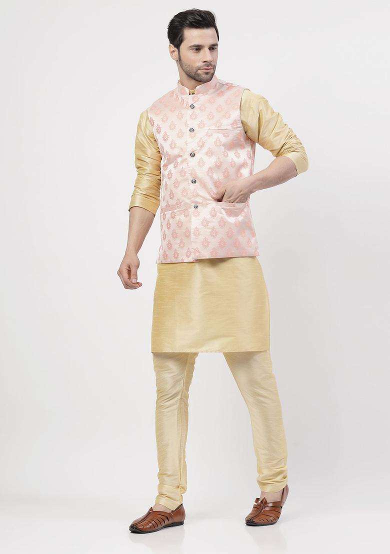 Gold Solid Silk Blend Kurta Set For Men - Indya