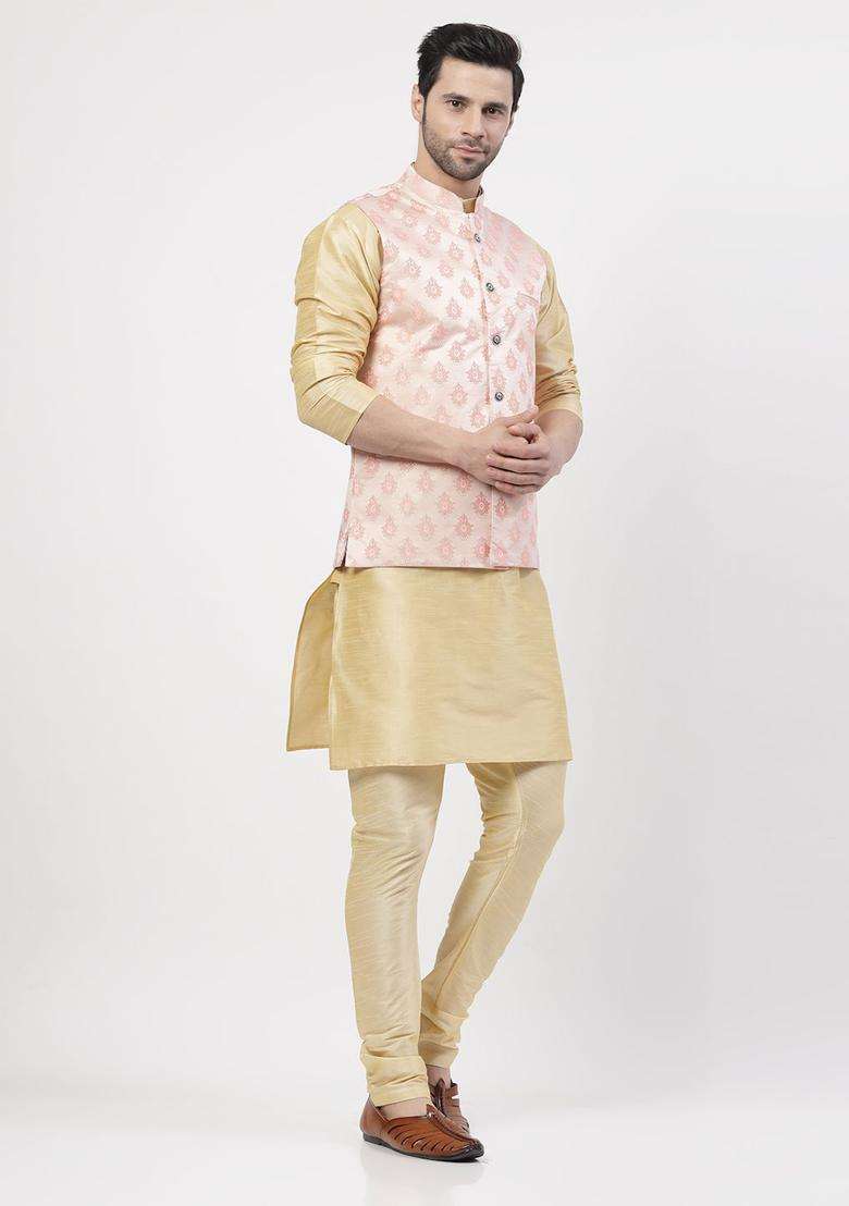 Gold Solid Silk Blend Kurta Set For Men - Indya