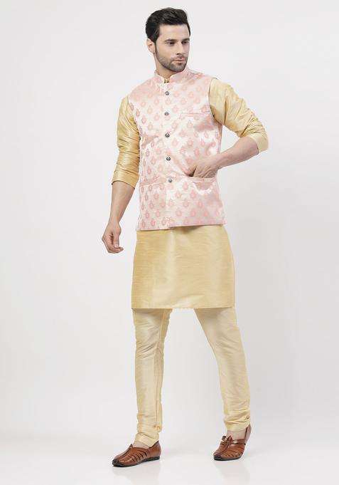 Gold Solid Silk Blend Kurta Set For Men