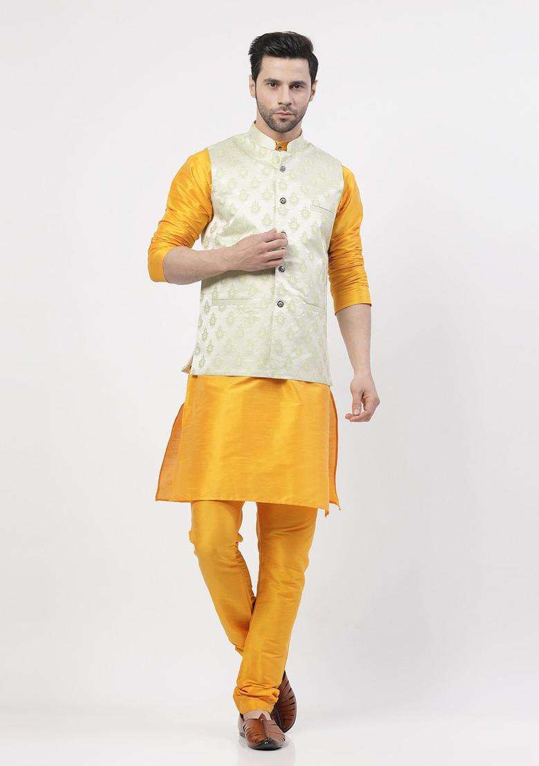 Yellow Woven Design Silk Blend Kurta Set For Men - Indya