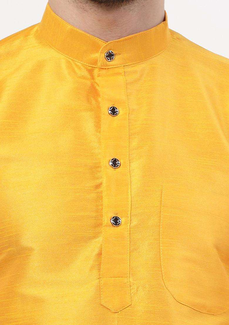 Yellow Woven Design Silk Blend Kurta Set For Men - Indya