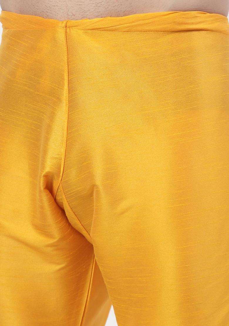 Yellow Woven Design Silk Blend Kurta Set For Men - Indya